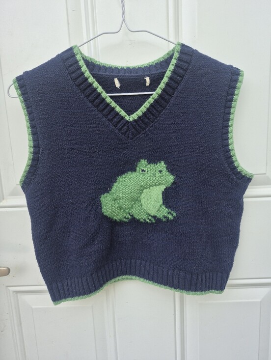 Sweaters - Navy Knit Frog Animal Sweater Vest Childrens Cropped Womens Small Goblincore